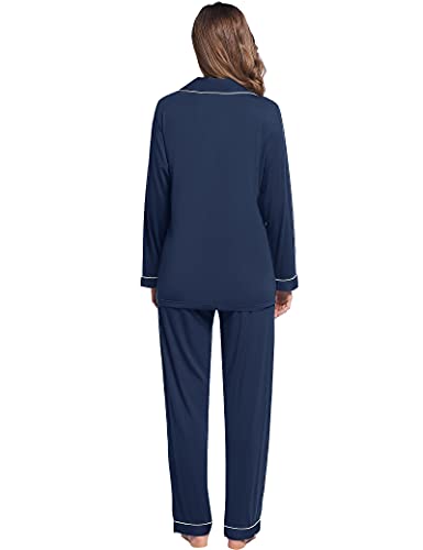 Joyaria Women's Cooling Bamboo Viscose Pajama Set Long Sleeve Button Front - color: Long-navy, size: XX-Large