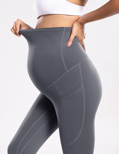 POSHDIVAH Maternity Workout Leggings with Pockets Ultra Soft Yoga Pants - color: Grey, size: Medium