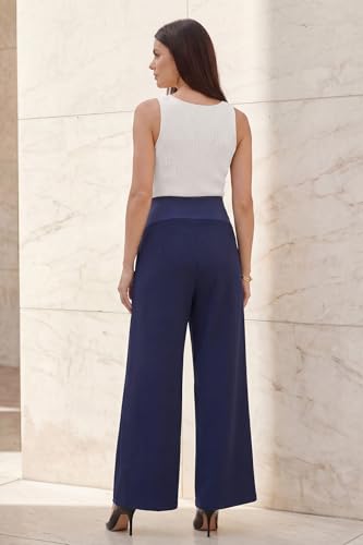 OUGES Women's Wide Leg Summer Business Casual Maternity Pants with Pockets - color: Navy, size: Large