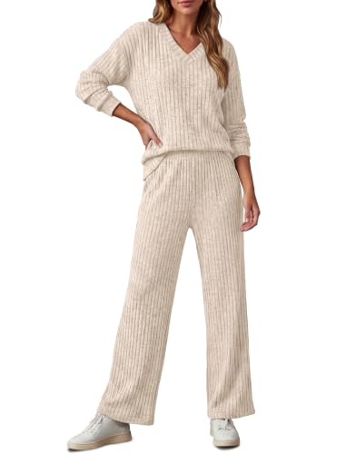 RUMIA Lounge Sets for Women Cozy Travel Matching Sweater Fall Outfits - color: Beige, size: Medium