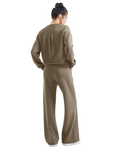 SUUKSESS Women Modal 2 piece outfits Oversized Sweatshirt Wide Leg Pants - color: Khaki, size: Medium