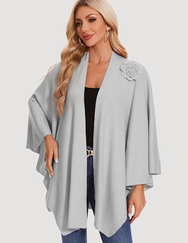 PULI Women Elegant Cross Front Floral Shawl Wraps Poncho Fall Winter - color: Grey