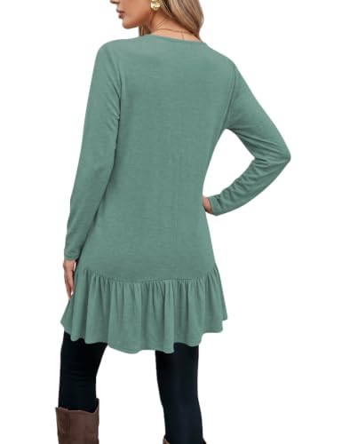 Poetsky Women Tops Long Sleeve Dressy Casual Ruffle Hem O Neck Tunics - color: Blue Green, size: XX-Large