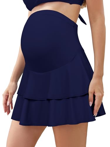 SHEKINI Women's Ruffle High Waist Maternity Swim Skirt - color: Deep Blue, size: Large