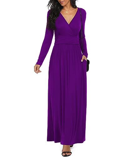 LILBETTER Women Long Sleeve Deep V Neck Loose Plain Long Maxi Casual Dress - color: Purple, size: Large