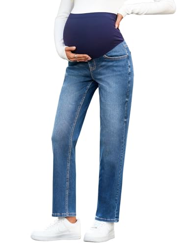 BLENCOT Women's Over Belly Maternity Ankle Jeans Stretchy Denim Pants - color: Light Blue, size: Large