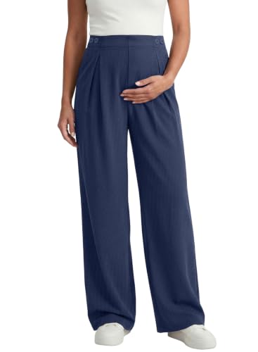 BLENCOT Maternity Pants Work Waffle Knit Wide Leg Pregnancy Trousers - color: Navy Blue, size: Medium