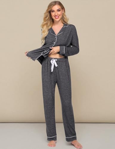Ekouaer Women's Pajamas Long Sleeve Loungewear Casual Button Down Pjs - color: Dark Grey, size: X-Large