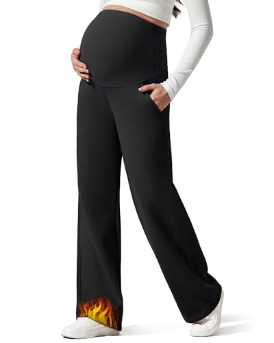 G4Free Flurrylux Fleece Lined Maternity Wide Leg Pants Pregnancy Sweatpants - color: Black, size: X-Small