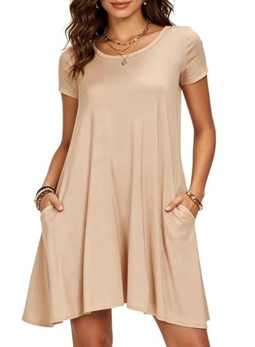Afibi Womens Short Sleeve Loose Pockets Dress Casual Swing T-Shirt Dresses - color: Tan, size: XX-Large