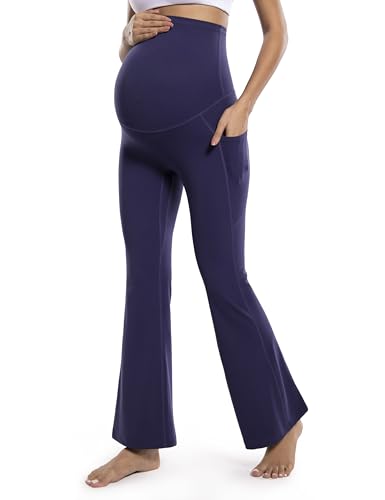 POSHDIVAH Maternity Flare Leggings with Pockets - color: Navy Blue, size: Large