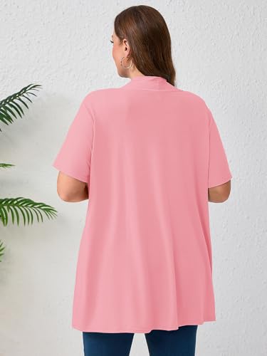 AusLook Women's Plus Size Short Sleeve Cardigan Sweater with Pockets 1X-5X - color: K09-pink, size: 2X