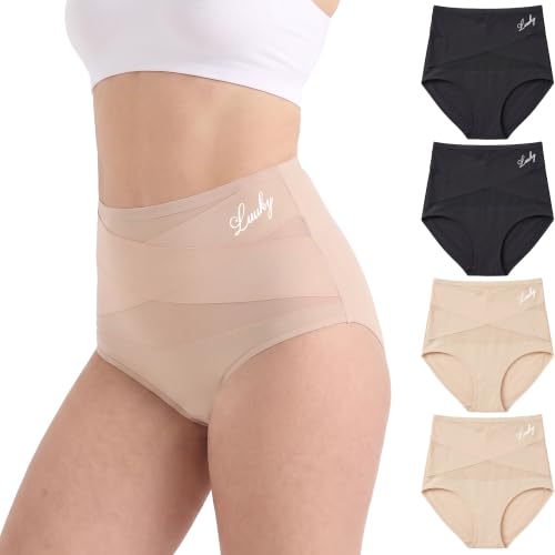 newnice High Waisted Underwear for Women: Tummy Control No-Ride-Up Briefs - color: Black, Black, Beige, Beige, size: Medium