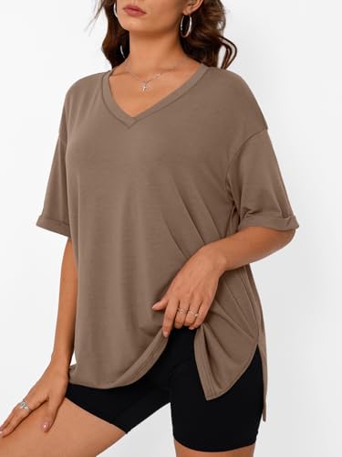 Trendy Queen Plus Size Oversized V Neck Tshirt Tops Workout Wear - color: Brown, size: Small