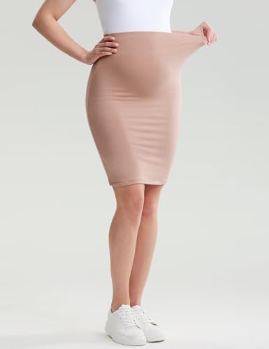 POSHDIVAH Maternity Skirt Over The Belly with Slit - color: Short-khaki, size: Large