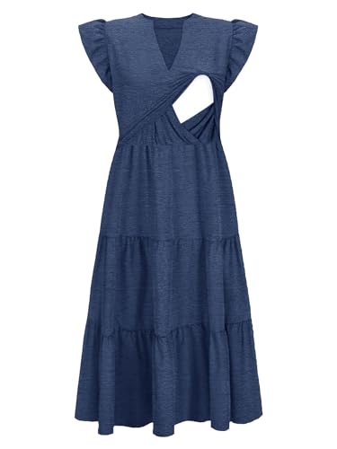 CzzzyL Womens Nursing Midi Dress Breastfeeding Sleeveless Tiered Pockets - color: Grayblue, size: Large