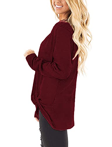 SimpleFun Womens Tops Long Sleeve Shirts V Neck Loose Twist Knot Fall Tunic - color: 02-wine Red, size: Medium