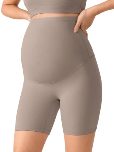 MOMANDA No Front Seam Maternity Biker Shorts 6" - color: Khaki Taupe, size: X-Large