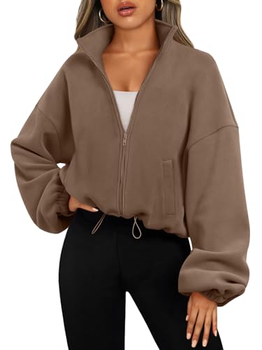 AUTOMET Womens Fleece Jackets Zip Up Oversized Cropped Sweatshirts - color: Coffee, size: Small