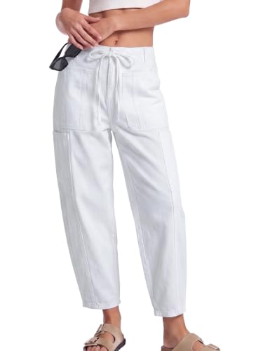 Drawstring Barrel Jeans for Women Elastic Waist Baggy Wide Leg Denim Pants - color: White, size: X-Large