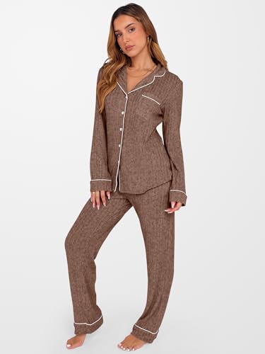 ANRABESS Women 2 Piece Pajama Lounge Sets 2026 Fall Outfits - color: Brown, size: Medium