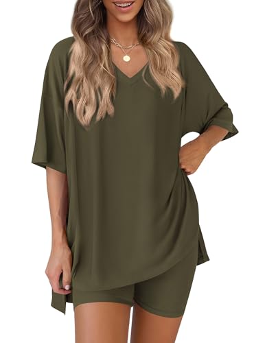 PRETTYGARDEN Womens 2 Piece Outfit Lounge Short Sets - color: Army Green, size: Medium