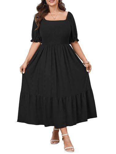 CICIDUDU Plus Size Casual Summer Milkmaid Maxi Dresses for Curvy Women - color: Black, size: 4X-Large Plus