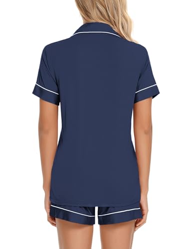 Anjue Womens Pajamas Set Short Sleeve Button Down Soft Pj Sets S-XXL - color: A Cyan, size: Medium