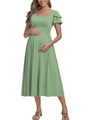 Ruffle Short Sleeve Maternity Dress High Waisted Midi Baby Shower Dresses - color: Sage, size: Medium