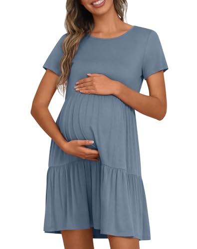Women's Maternity Dress Summer Short Sleeve Pregnancy Dresses - color: Dusty Blue, size: Large