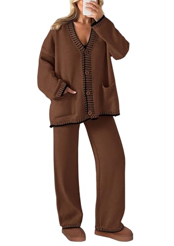 PRETTYGARDEN Women's Fall 2 Piece Knit Sweater Lounge Set - color: Coffee, size: Small