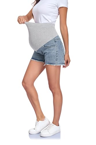 Summer Maternity Denim Shorts Adjustable High Waist Belly Panel Pregnancy Shorts with Pockets - size: Large