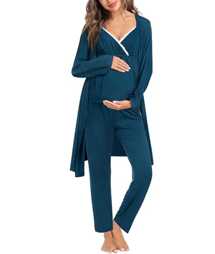 SWOMOG Maternity Nursing Robe Set 3 Piece Breastfeeding Pajamas 3 in 1 Labor Delivery Sleevless Tops&Long Pants Pregnancy Pjs - color: Blue Green, size: X-Large