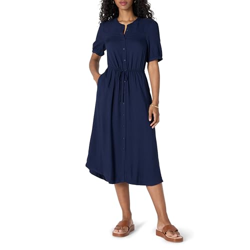 Amazon Essentials Women's Relaxed Fit Half-Sleeve Breathable Button Front Drawstring Waist Midi A-Line Dress with Pockets - color: Navy, size: Large