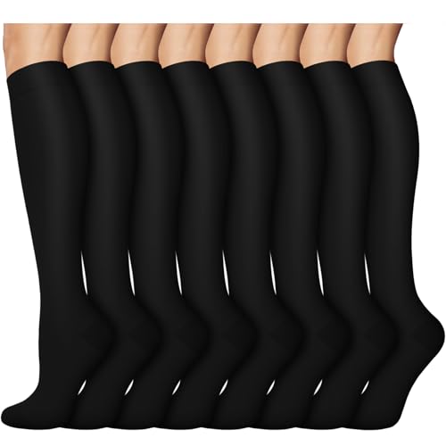 8 Pairs Compression Socks Women Men 15-20mmHg Knee High Support Circulation - color: 01- Black, size: Small-Medium