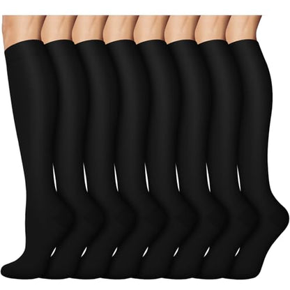 8 Pairs Compression Socks Women Men 15-20mmHg Knee High Support Circulation - color: 01- Black, size: Small-Medium