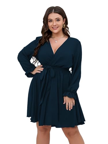 SCOMCHIC Women's Plus Size Long Sleeve Wrap V Neck A Line Mini Dress - color: Lake Blue, size: 3X-Large Plus