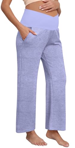 Women's Maternity Wide Leg Pants with Crossover Waist and Pockets - color: Blue, size: X-Large
