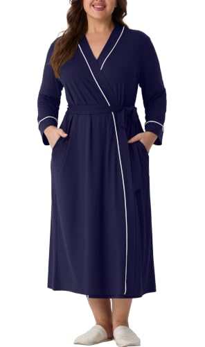 OLRIK Womens Plus Size Robe Long Knit Bathrobe V Neck Loungewear - color: Navy Blue, size: 3X