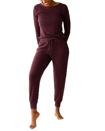Kindred Bravely CozyKnit 2 Piece Maternity & Postpartum Nursing Pajama Set - color: Deep Burgundy, size: Large