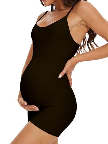 BDITANLE Maternity Workout Romper Pregnancy Yoga Ribbed One Piece Seamless Spaghetti Strap Jumpsuit - color: 01black, size: Small