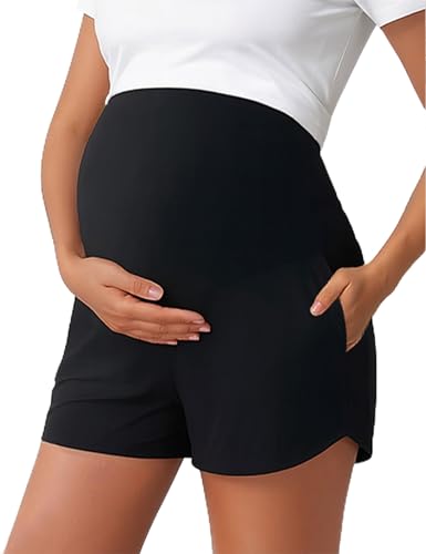 Peauty Maternity Shorts Over Belly Lounge Shorts with Pockets - color: Black, size: XX-Large