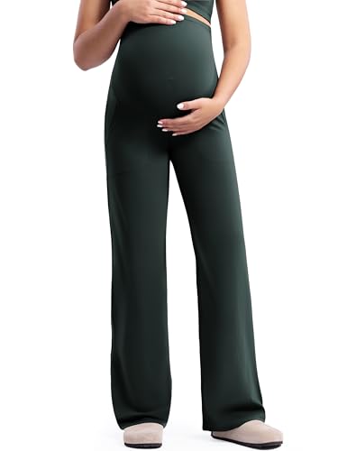 POSHDIVAH Creamluxe Maternity Wide Leg Pants Pregnancy Work Trousers - color: Pine Green, size: Medium