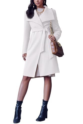 Cicy Bell Women's Pea Trench Coat Lapel Collar Long Jacket Open Front Belted Overcoat with Pockets - color: White, size: Medium