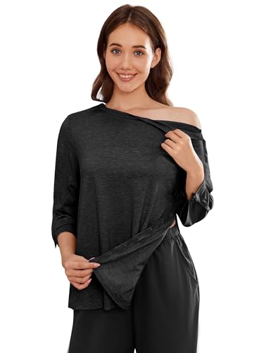 Deyeek Women's Post Shoulder Surgery Shirts Tear Away 3/4 Snap Tops - color: Black, size: Small