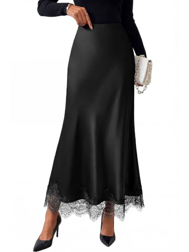 BTFBM Lace Trim Satin Skirts for Women Elegant - color: Black, size: Large