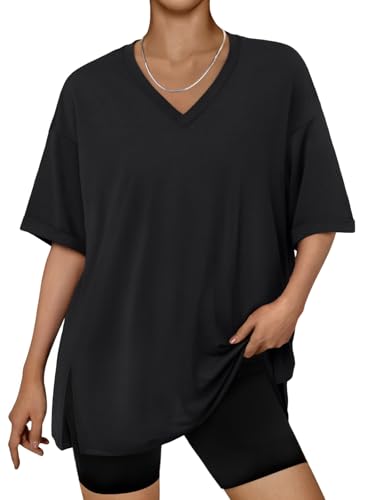 Trendy Queen Plus Size Oversized V Neck Tshirt Tops Workout Wear - color: Black, size: X-Large