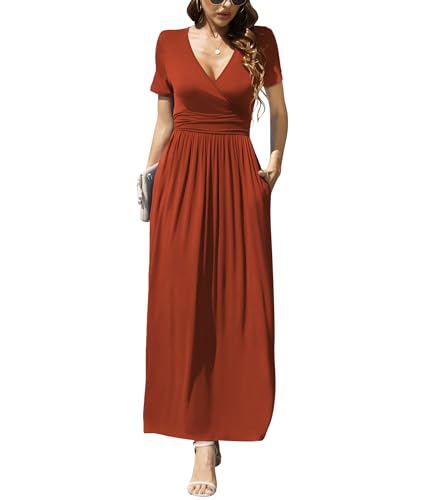 LILBETTER Women's Summer Short Sleeves Dress Wrap Waist Maxi Dresses with Pockets - color: Caramel, size: Medium