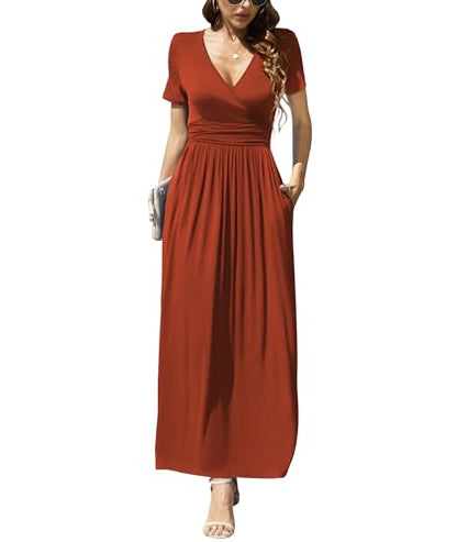 LILBETTER Women's Summer Short Sleeves Dress Wrap Waist Maxi Dresses with Pockets - color: Caramel, size: Medium