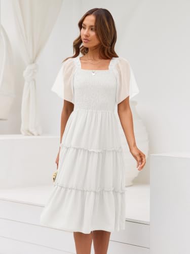 LILLUSORY Women Tiered Flutter Sleeve Square Neck Smocked Midi Dress - color: White, size: Small